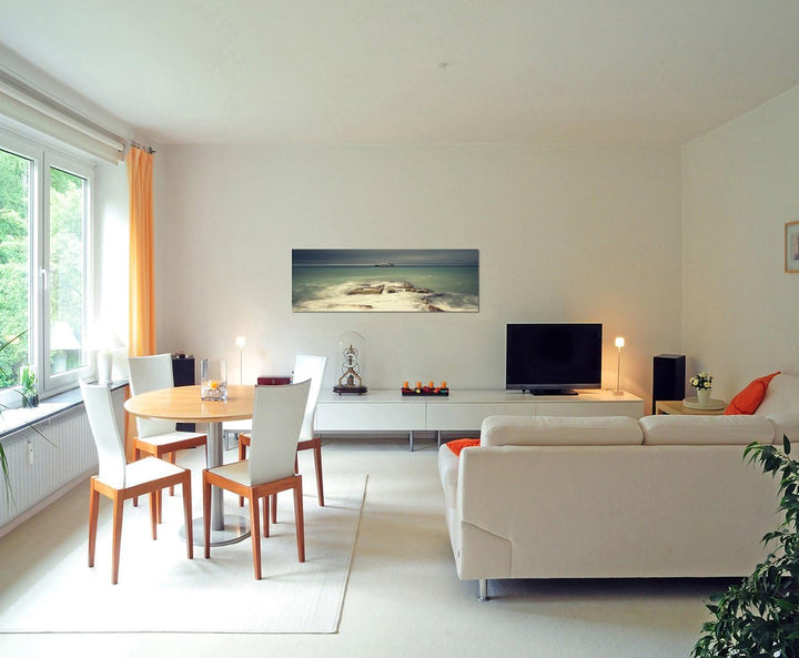 Paul Sinus Art Panoramabild auf Leinwand und Keilrahmen 150x50cm Meer Boot Nebel Steine Gewitterhimm