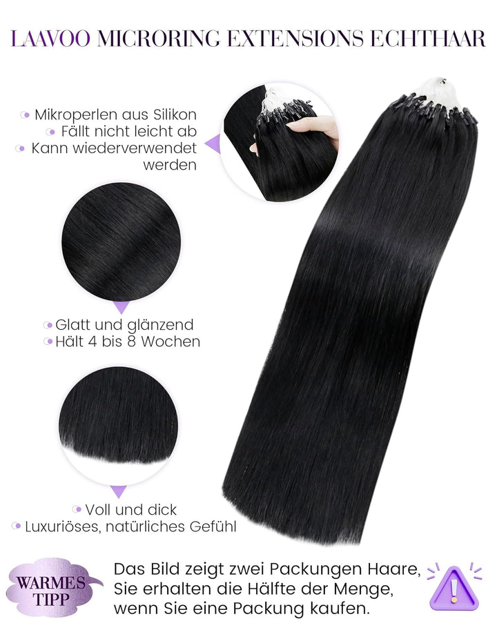 LaaVoo Microring Extensions Echthaar Schwarz 45cm Micro Loop Extensions Echthaar Schwarz Echthaar Ex