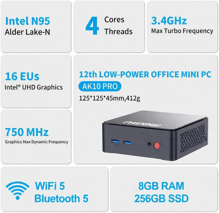 AWOW Mini PC mit N100 (bis 3,4 GHz), 16GB DDR4 RAM, 512GB SSD, Wi-11 Pro, 4K UHD, Dual Display, WiFi