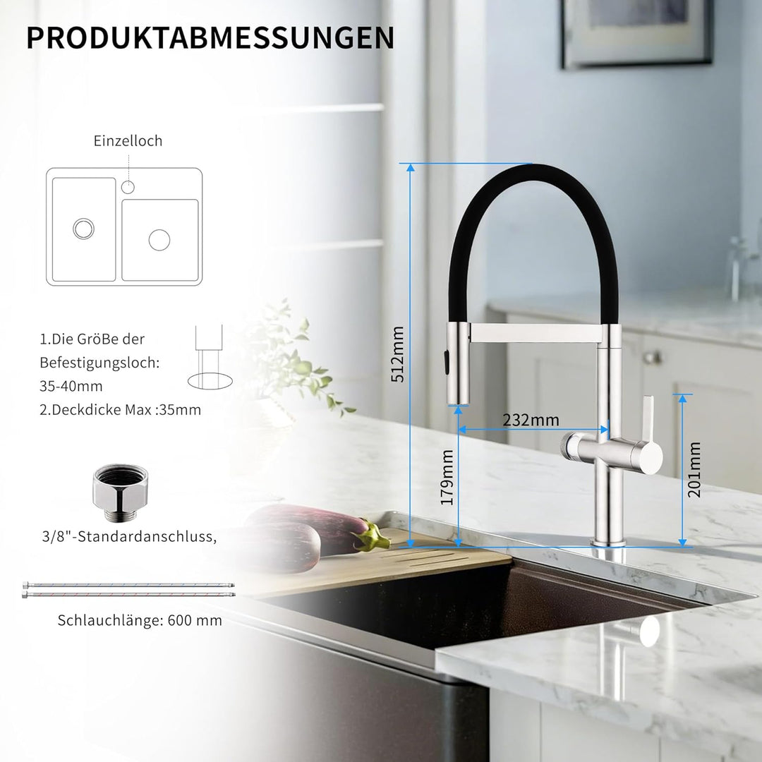 HOMELODY Wasserhahn Küche mit Filter, Hoher Bogen Küchenarmatur mit Ausziehbarer Brause, 360°Drehbar