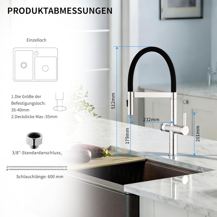 HOMELODY Wasserhahn Küche mit Filter, Hoher Bogen Küchenarmatur mit Ausziehbarer Brause, 360°Drehbar
