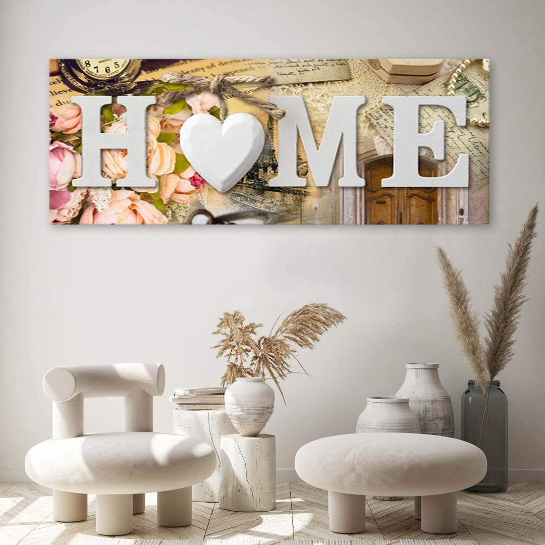 Feeby Wanddeko Home 120x40 cm Leinwandbild Kunstdruck Herz Vintage Paris Wohnung Beige Leinwandbild