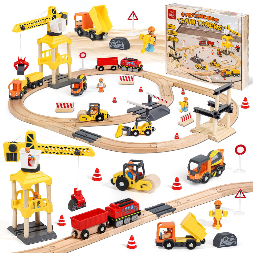 Lehoo Castle Holzeisenbahn, 68 Pcs Eisenbahn Holz mit Kran Spielzeug, Eisenbahn Kinder Elektrisch, B
