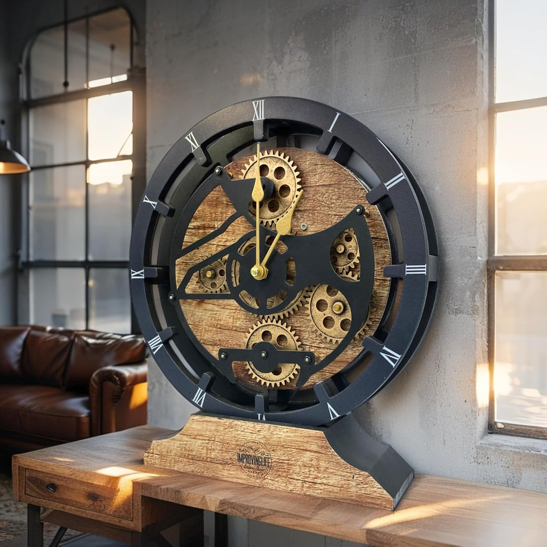 Tischuhr 25,4 cm mit echten beweglichen Zahnrädern, umwandelbar in Wanduhr (Vintage Brown)