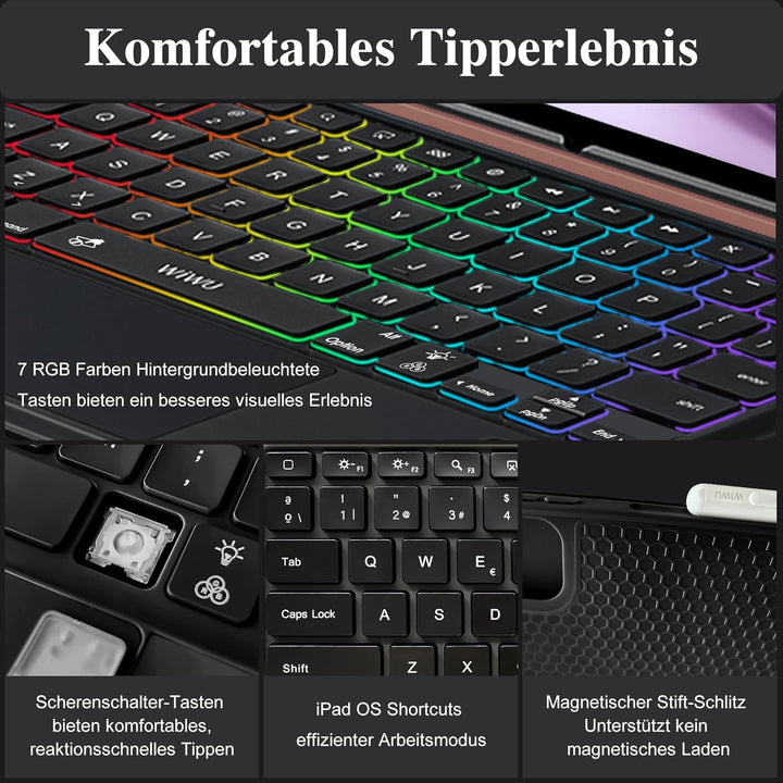 WIWU Hülle mit Tastatur iPad 13 12.9 Zoll 3 in 1 Magnetische Abnehmbare Tastaturhülle Ständer 7 Farb