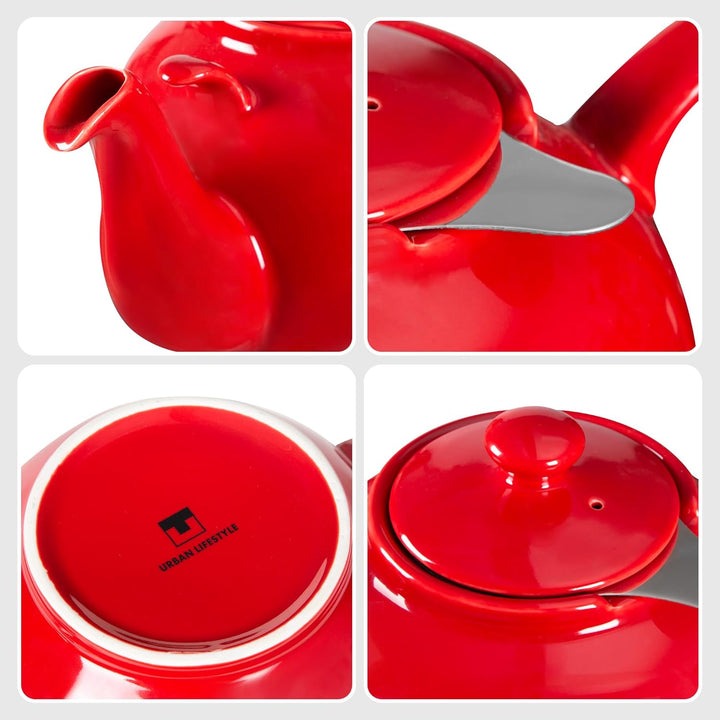 Teekanne mit Stövchen Keramik 1,6 L (Rot) Teekanne mit Edelstahl Sieb aus Keramik, Teekanne Liverpoo