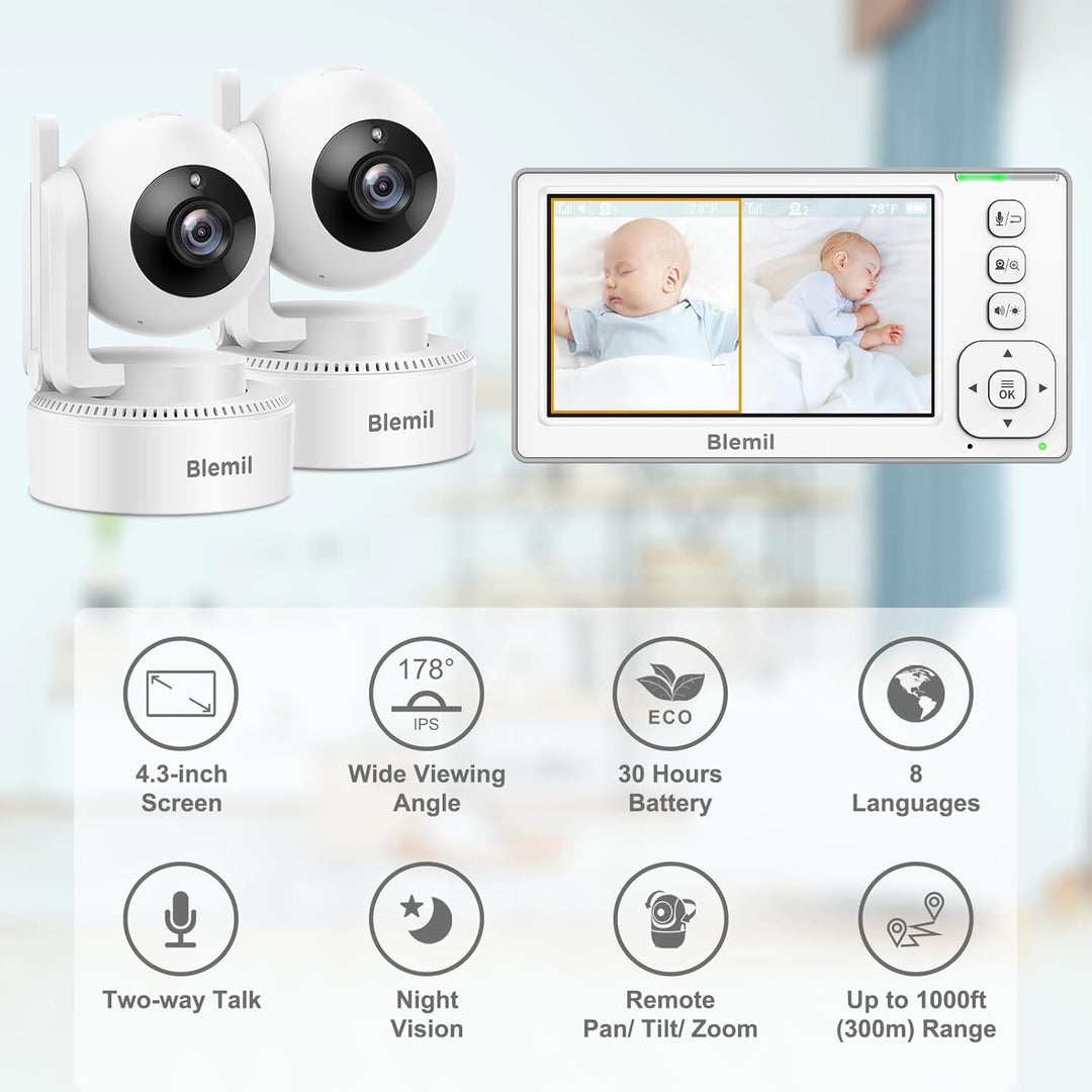 Blemil Aktualisierte Version Babyphone, 4.3'' IPS Split-Screen-Monitor mit 29-Stunden-Akku, Schwenk-