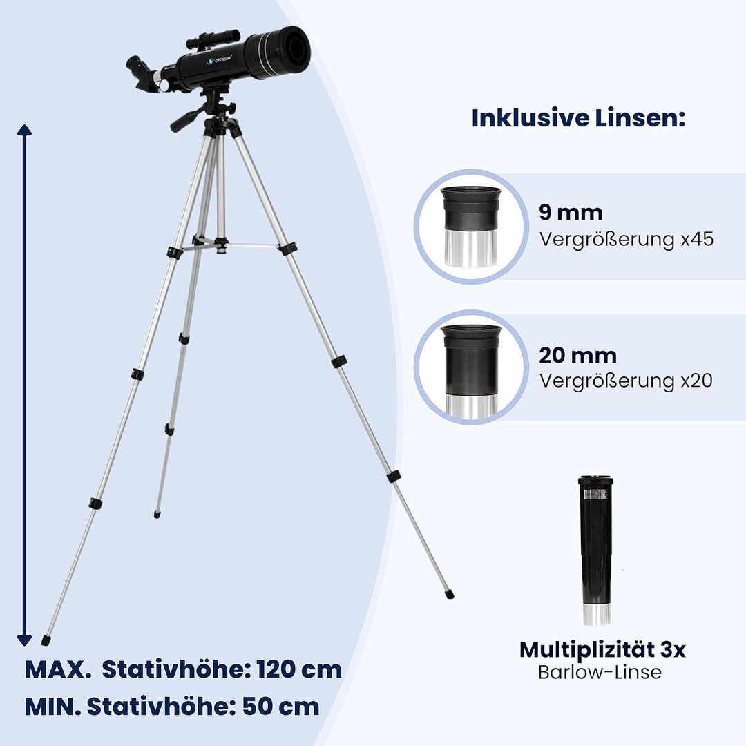 OPTICON - Teleskop Aurora I Vergrösserung 132x I Durchmesser 70 mm I Brennweite 400 mm I Barlowlinse