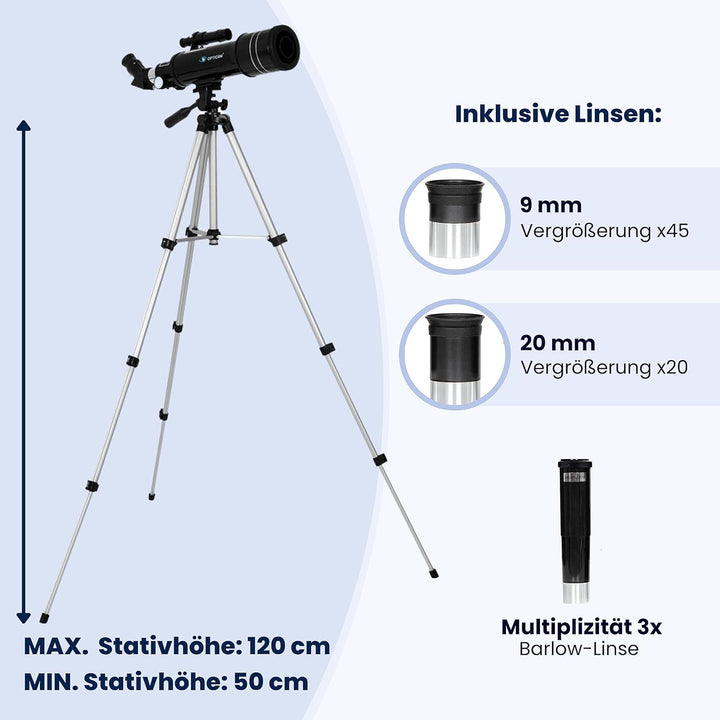 OPTICON - Teleskop Aurora I Vergrösserung 132x I Durchmesser 70 mm I Brennweite 400 mm I Barlowlinse