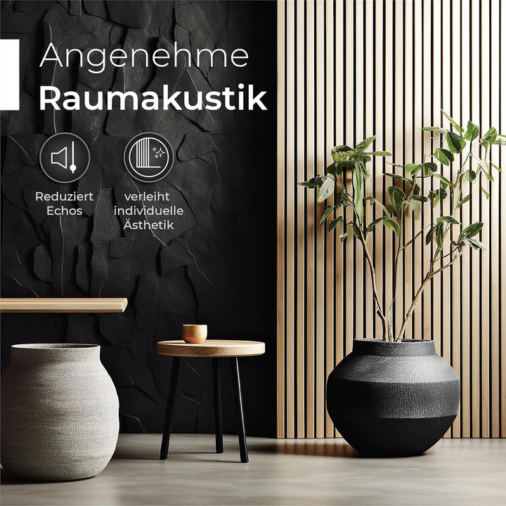 Akustikpaneele Holz – 2er-Set | 120x60cm | Echtholz Eiche & Akustikfilz Schwarz – 3D Wandpaneele für