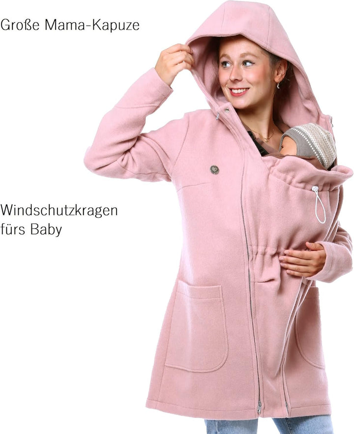 Viva la Mama - schicker Umstands- und Tragemantel für den Winter - VALENTIN M rosa - vorn tragen, M