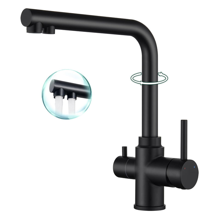 3 Wege Wasserhahn Küche Schwarz Matt, 360° Drehbar Küchenarmatur, 3 in 1 Mischbatterie Küche für Was
