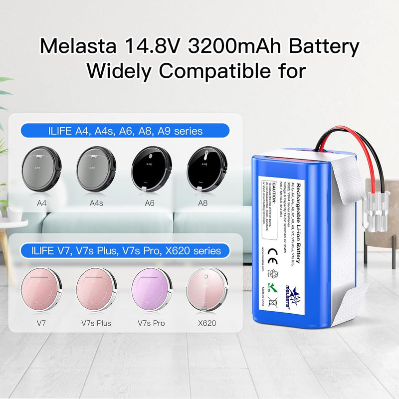 melasta 14,4V 3200 mAh Li-ion Ersatzakku Akku Batterie für iLife Staubsauger A4, A4s, A6,V7, A6, A7,