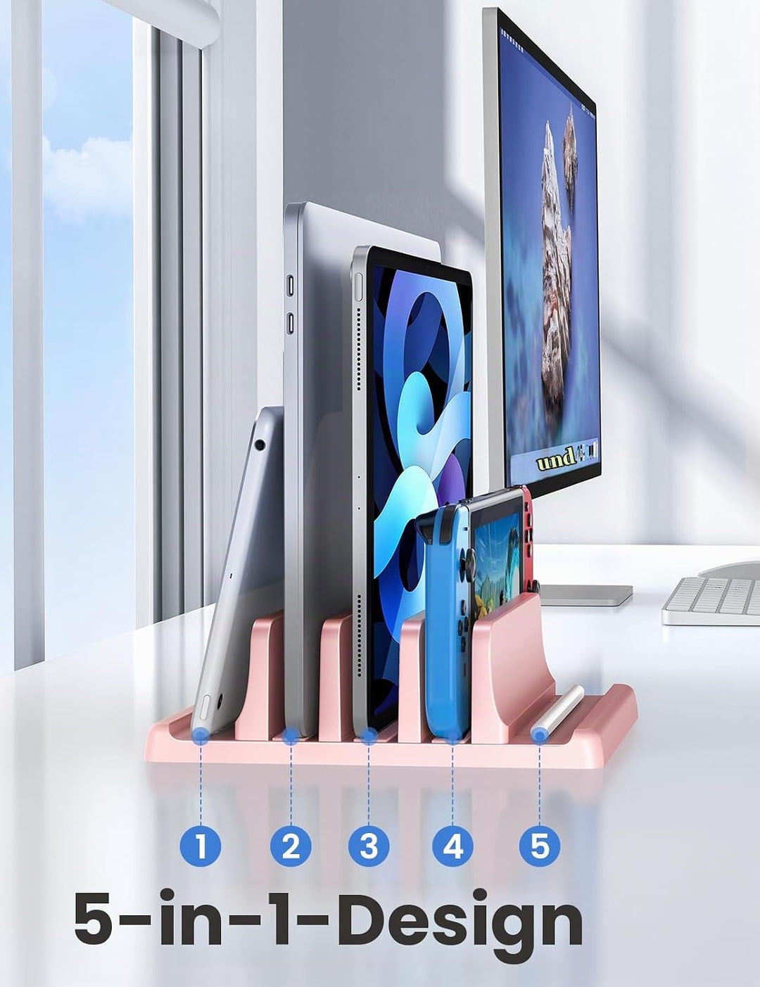 VAYDEER Vertikaler Laptopständer - Platzsparend &amp; Verstellbar, 5-in-1, 3 Steckplätze, für MacBook, N