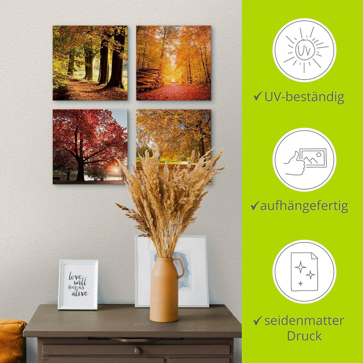 ARTLAND Leinwandbilder auf Holz Wandbild Bild Set 4 teilig je 40x40 cm Quadratisch Natur Bäume Laubb
