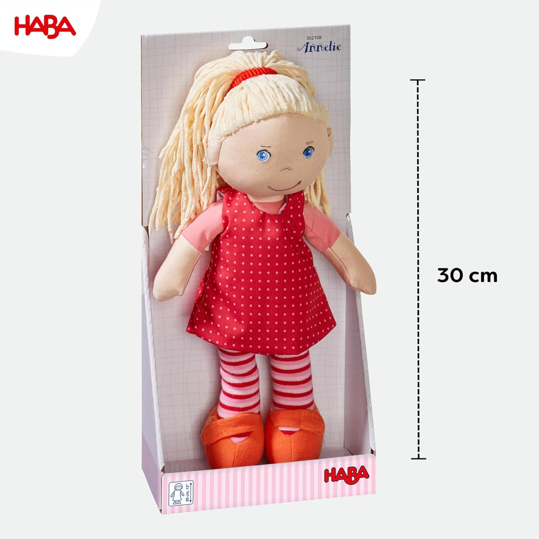 HABA 302108 - Puppe Annelie, Stoffpuppe mit Kleidung und Haaren, 30 cm, Spielzeug ab 18 Monaten Sing