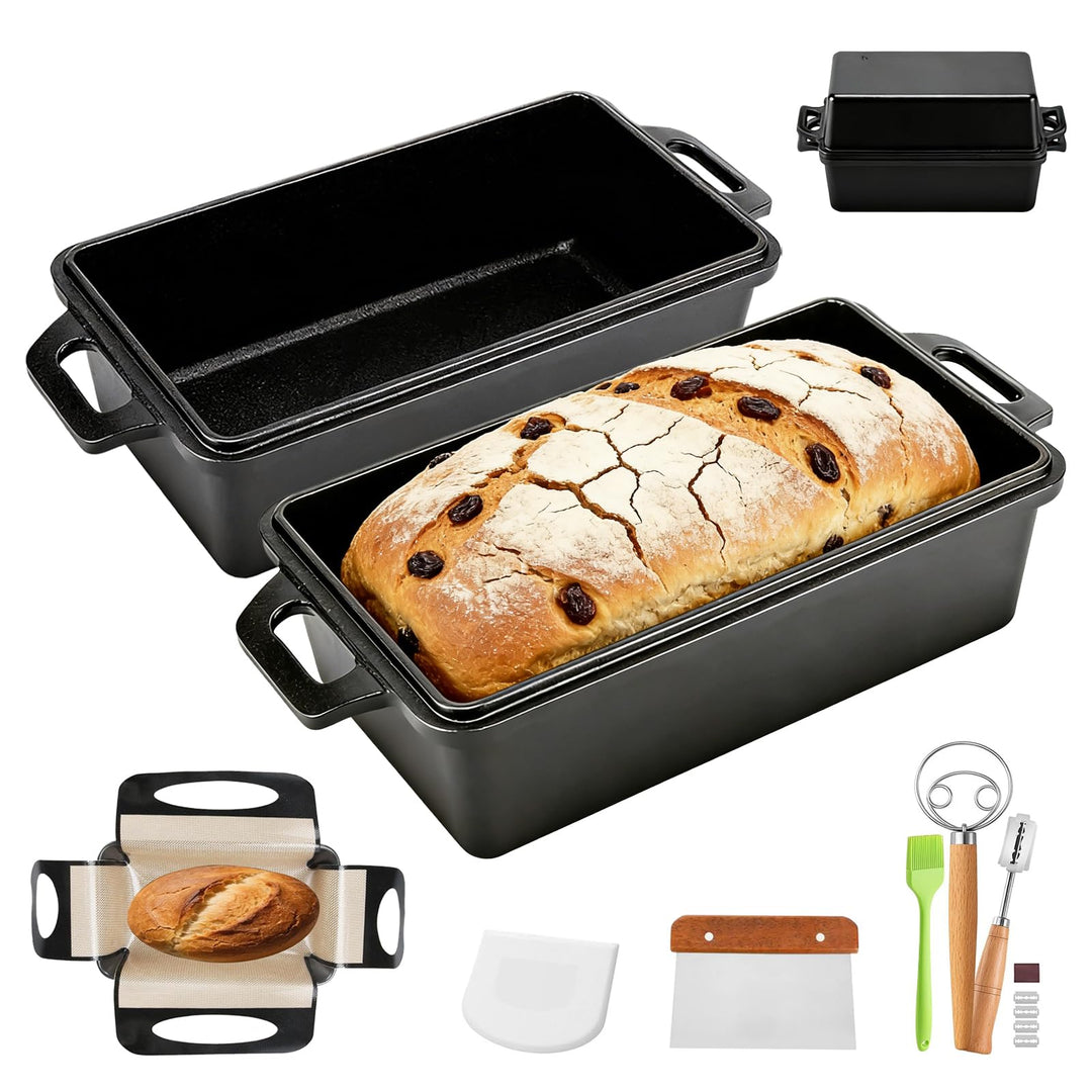 Gusseisen Topf Brot Backen Set, Gusseisen Brotbackform 30cm mit Deckel Antihaft-Silikonmatten Brotba