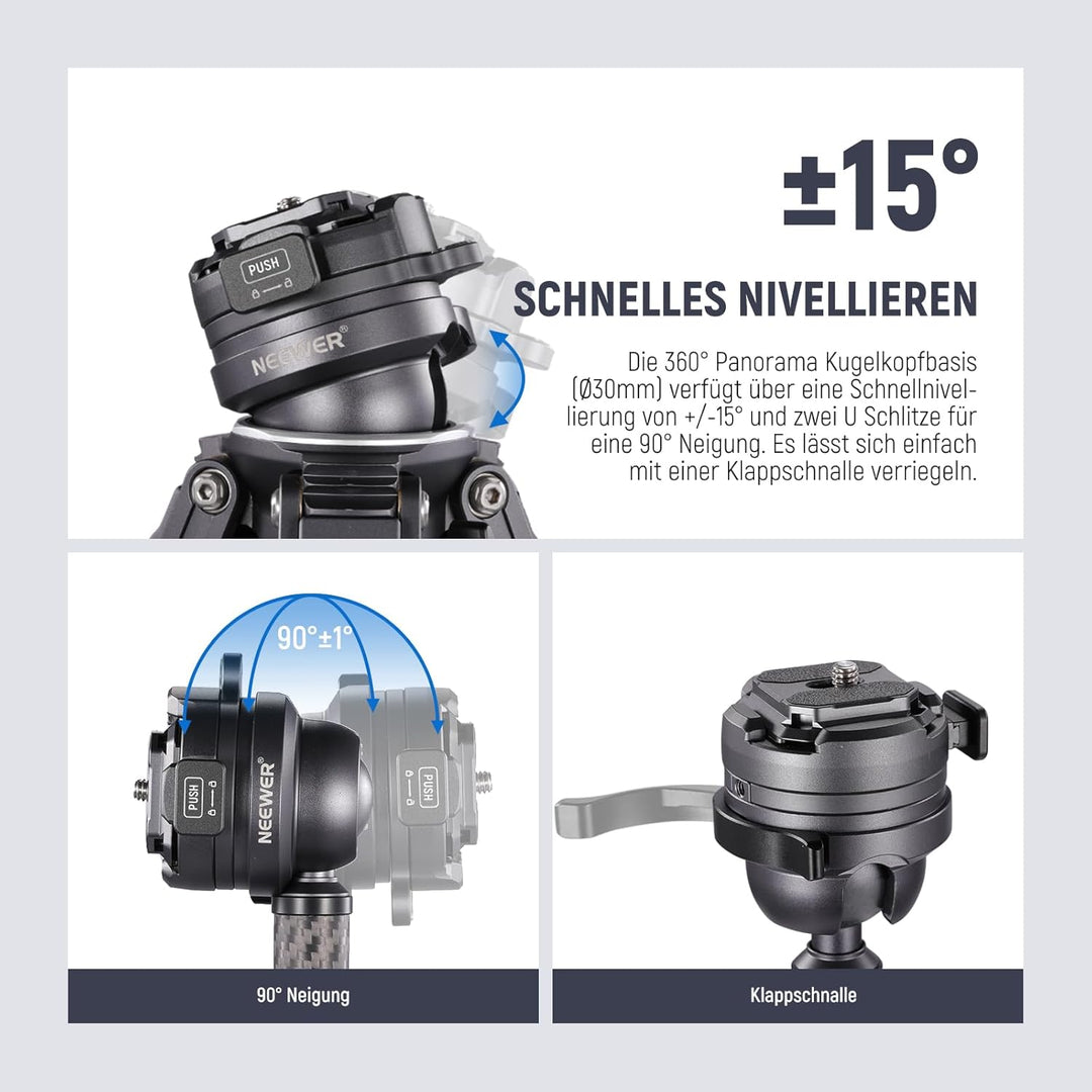 NEEWER LITETRIP LT32 62" Reisestativ aus Kohlefaser mit ±15° nivellierbar 360° Panoramakopf abnehmba