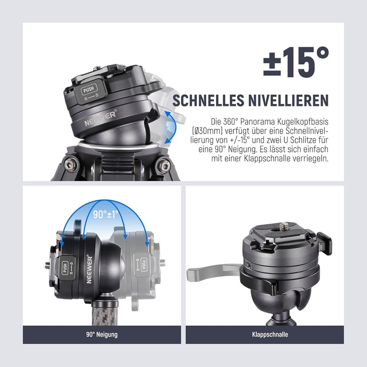NEEWER LITETRIP LT32 62" Reisestativ aus Kohlefaser mit ±15° nivellierbar 360° Panoramakopf abnehmba