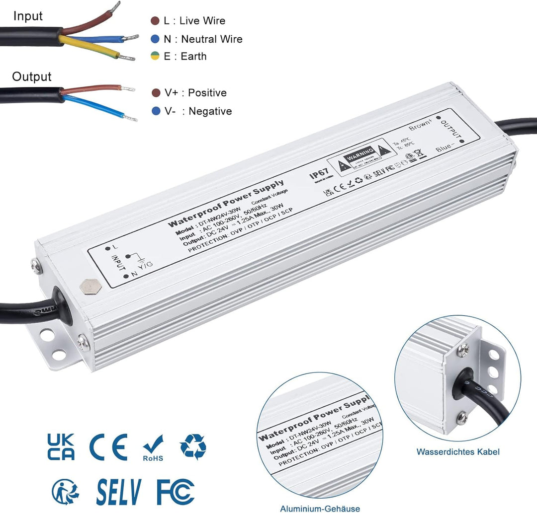 VARICART IP67 Wasserdichter LED Trafo 24V 30W 1.25A LED Treiber Netzteil, Ultra Dünn Konstantspannun