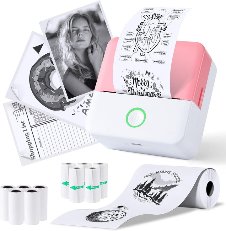 PRAOAHEI Mini Drucker, Tragbarer Fotodrucker mit 10 Rollen Druckerpapier, Bluetooth-Etikettendrucker