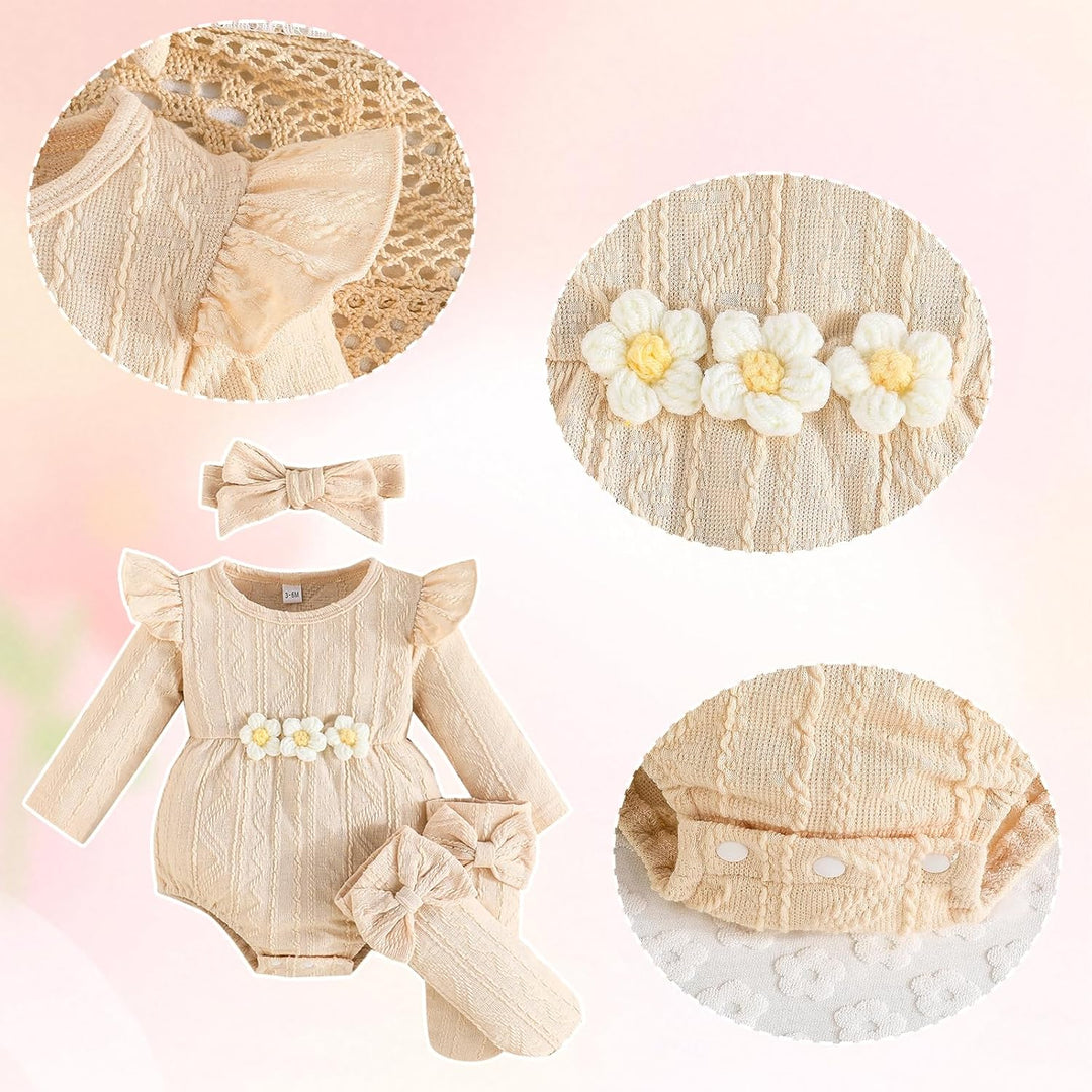 Kunyeah 3Pcs Baby Mädchen Outfits Kleinkind Ruffle Strampler Langarm Bodysuit+Bow Haarband+Socken Ne