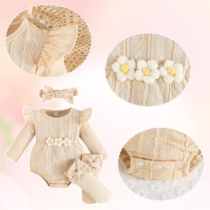 Kunyeah 3Pcs Baby Mädchen Outfits Kleinkind Ruffle Strampler Langarm Bodysuit+Bow Haarband+Socken Ne
