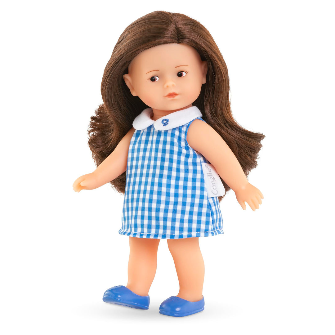Les Trendies Mini Corolline Romy brünett, Vollvinylpuppe mit langem Haar und Karokleid in Geschenkbo