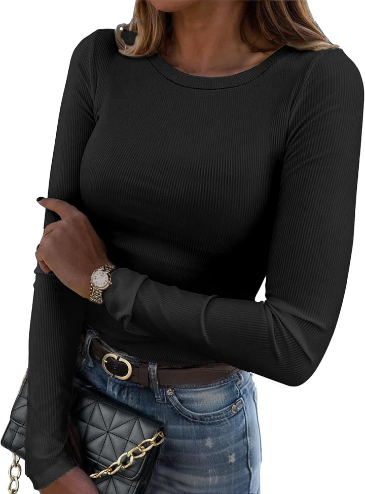 DUOEASE Langarmshirt Damen Rundhal Pullover Elegant Langarm Oberteile Rippshirt Tshirts Basic Tops S