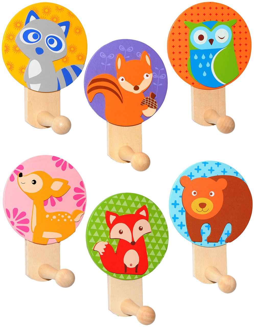 alles-meine.de GmbH 6 Stück Garderobenhaken - Bunte Tiere/Waldtiere - aus Holz - Wandhaken/Kindergar