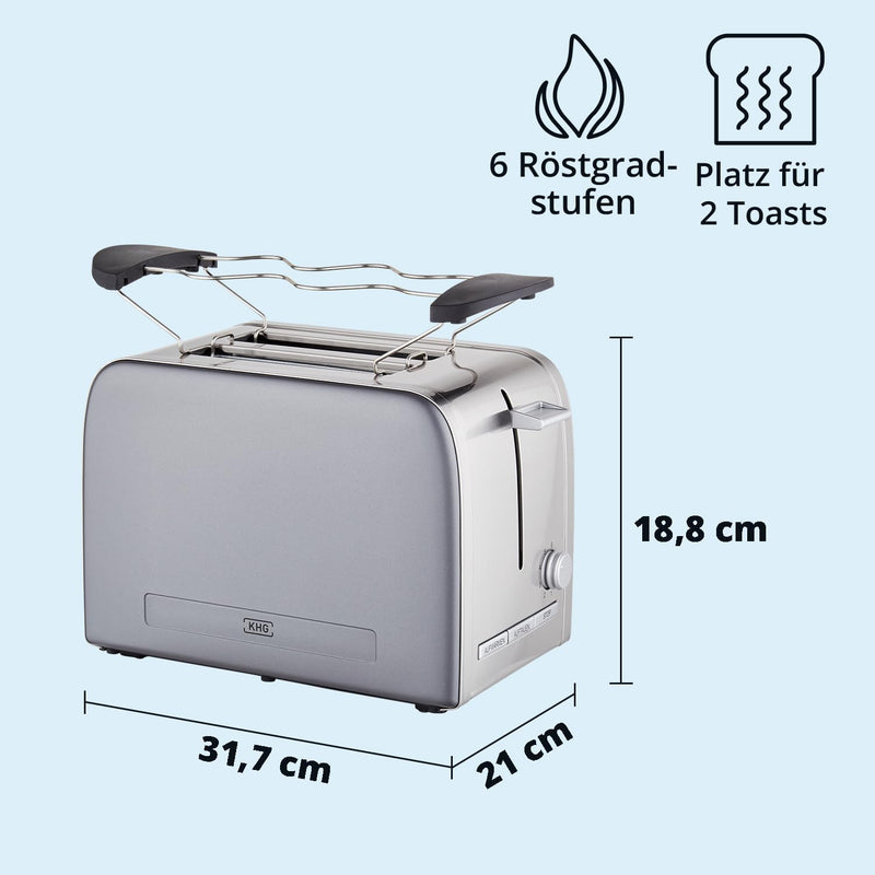 KHG Frühstücksset Wasserkocher & Toaster, Skandi Look Grau Edelstahl, 1,7 Liter & 2 Toast Scheiben,