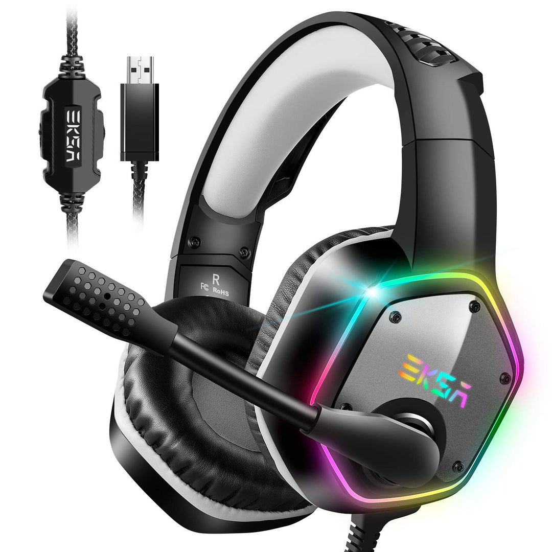 EKSA E1000 USB PC Gaming Headset mit Mikrofon, Gamer Headset mit Bass Surround Sound, RGB Beleuchtun