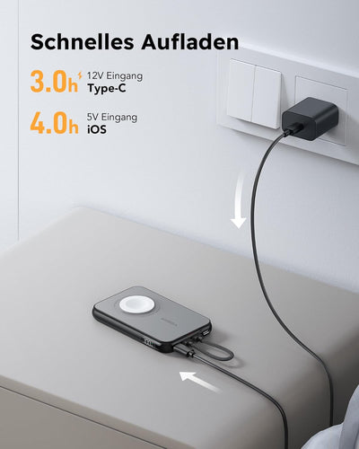 VEGER Mini Power Bank 20W PD,10000mAh Powerbank mit Eingebautem Apple auf USB C Kabel, mit Apple Wat