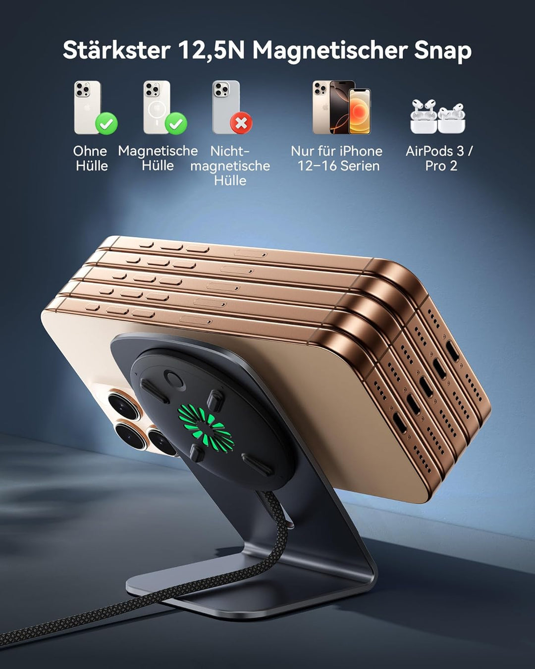 INIU Induktive iPhone Ladestation, 15W Qi2-Zertifiziertes Handy Magnetisch Kabelloses Ladegerät, Mag
