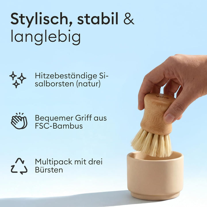 Vove Küchen-Reinigungsset – Bambus-Spülbürste mit Ersatzkopf, 2 Scheuerbürsten & 2 Scheuerschwämme –