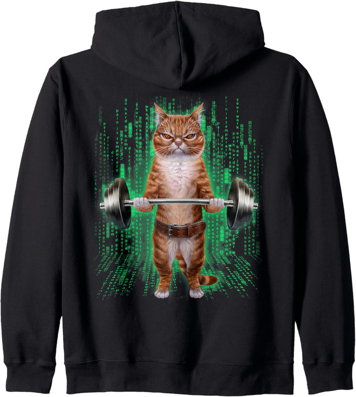 Orange Katze, die Gewichte im Cyber-Fitnessstudio hebt Kapuzenjacke