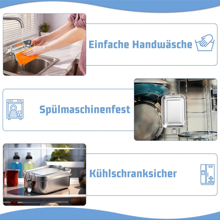 Homikit Brotdose mit Fächern 2er Set, 850ml Edelstahl Lunchbox Bento Box Erwachsene, Auslaufsicher M