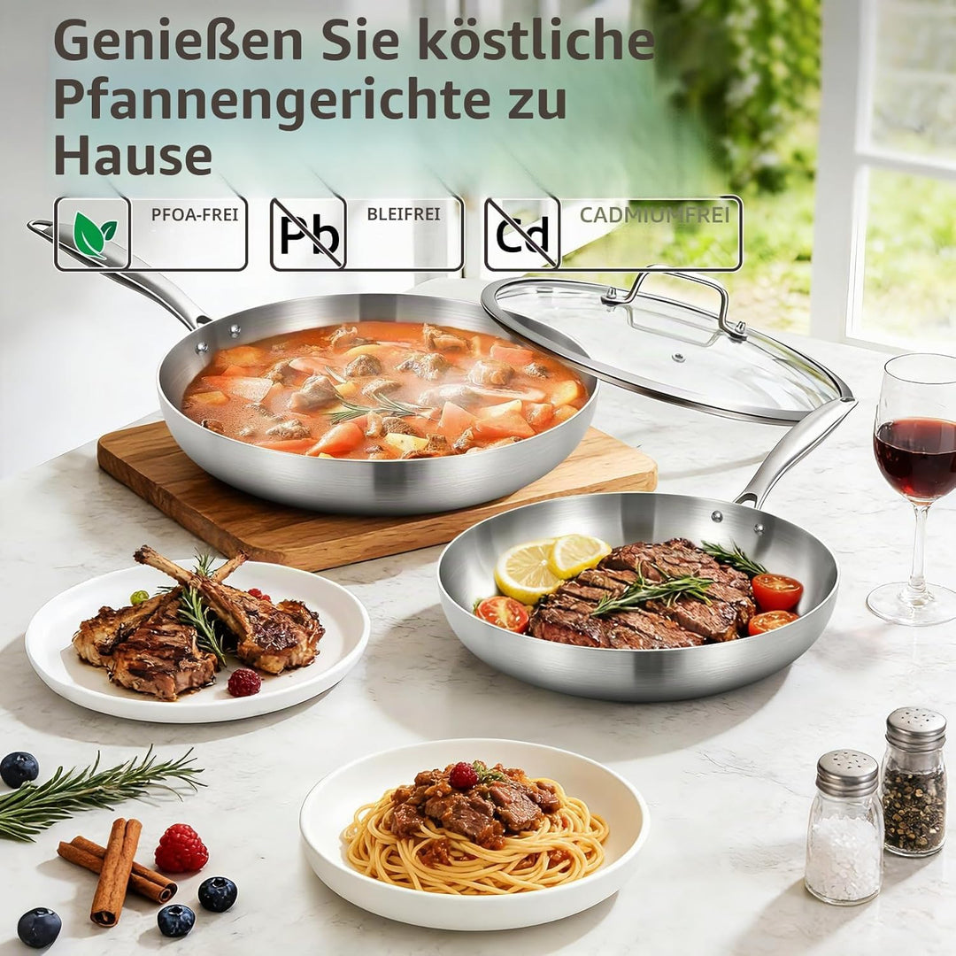 Inqibee Edelstahlpfanne Bratpfannenset Unbeschichtet 22 cm & 26 cm mit Deckel - Pfannenset Edelstahl