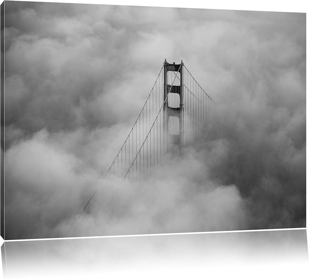 Pixxprint Golden Gate Bridge über den Wolken / 100x70cm Leinwandbild bespannt auf Holzrahmen/Wandbil