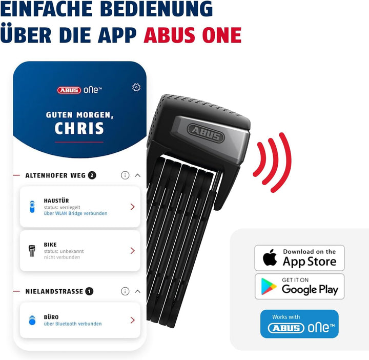 ABUS Faltschloss BORDO One™ 6500A - Smartes Fahrradschloss mit Alarm - schlüsselloses Öffnen per Sma