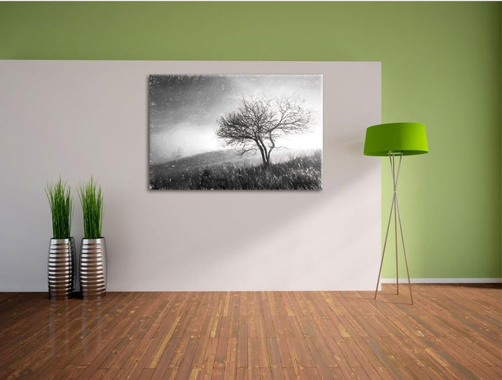 Pixxprint Baum in Landschaft Kohle Effekt, Format: 100x70 auf Leinwand, 100x70