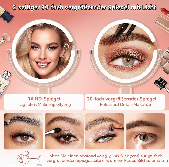 B Beauty Planet Beleuchteter Makeup Spiegel 30X Vergrösserungsspiegel mit 3 Farblicht, dimmbare LED