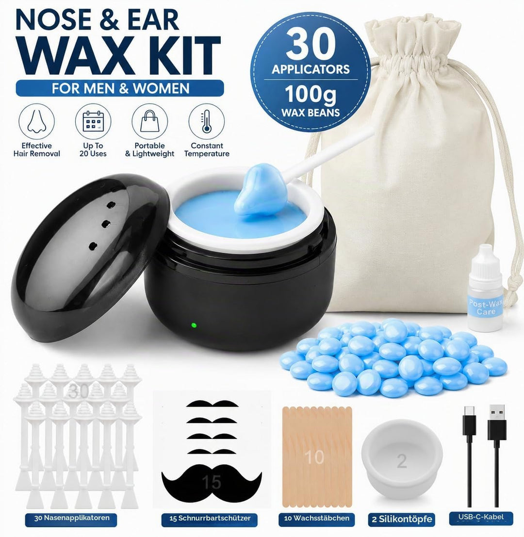 Nasenwachs-Set, schwarz, tragbarer Wachswärmer zur Haarentfernung mit 100 g Wachs, 10 Applikatoren,