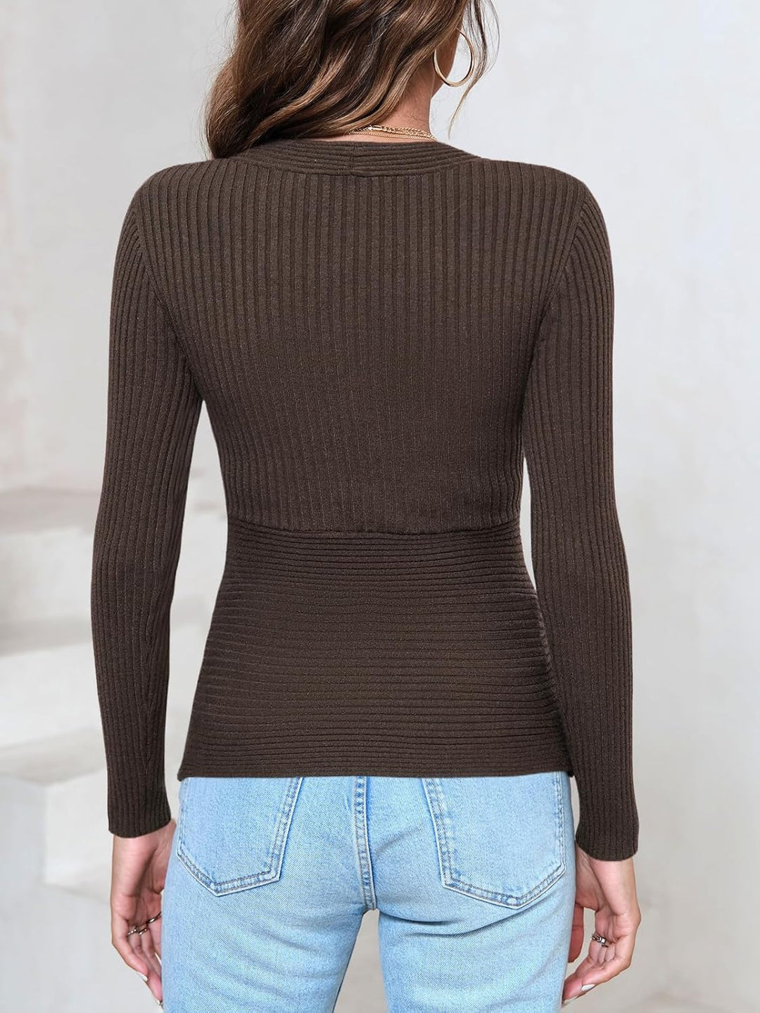 Wenrine Damen Pullover Tiefer V-Ausschnitt Wickel Sexy Strickpullover Herbst Winter Langarmshirt Sli