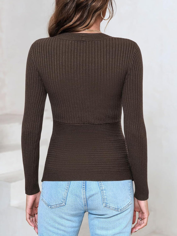 Wenrine Damen Pullover Tiefer V-Ausschnitt Wickel Sexy Strickpullover Herbst Winter Langarmshirt Sli