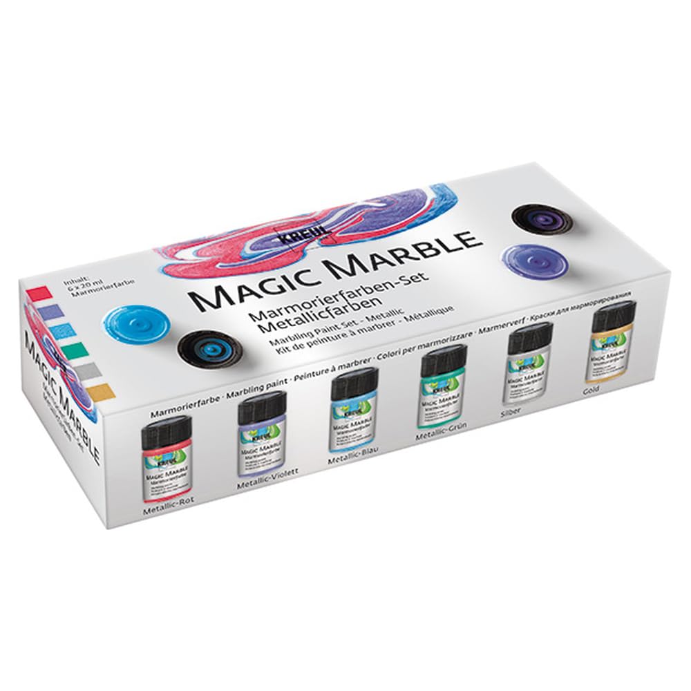 KREUL 73610 - Magic Marble Marmorierfarbe, Metallic Set, 6 x 20 ml in gold, silber, blau, grün, rot