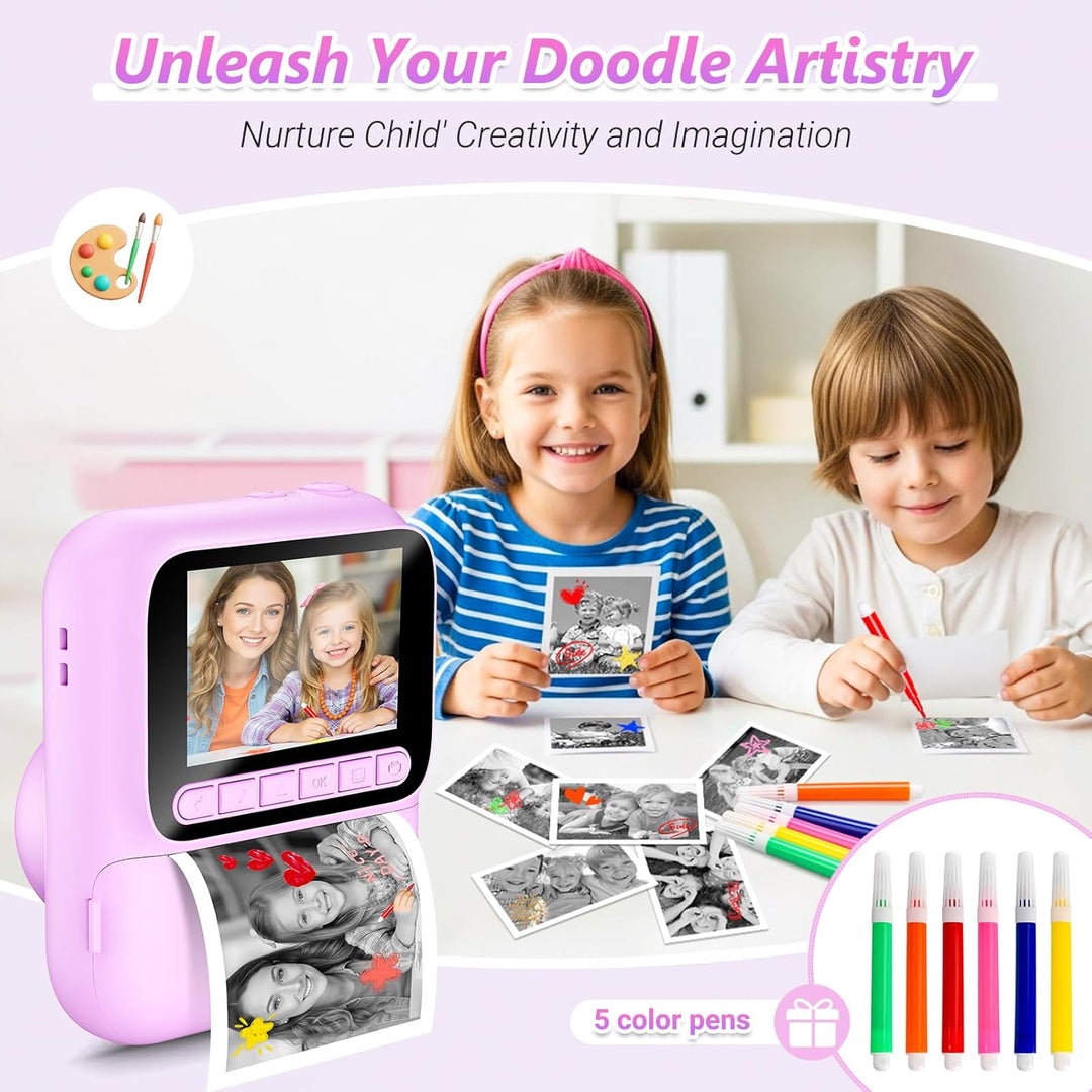 Sofortbildkamera für Kinder, 1080P Kinderkamera mit 5 Rollen Druckpapier, 32GB-Karte und Farbstiften