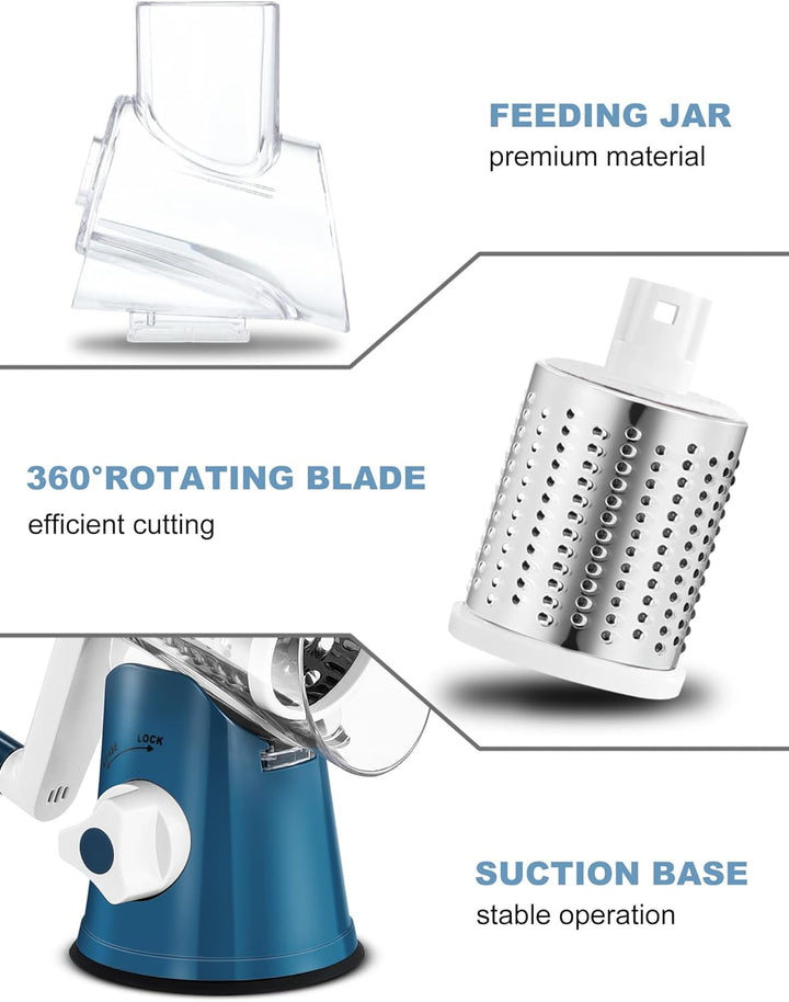 GDL Käsereibe mit Kurbel, Gemüsehobel mit 3 austauschbaren Trommelklingen, Reibe Küche Schnelles Sch