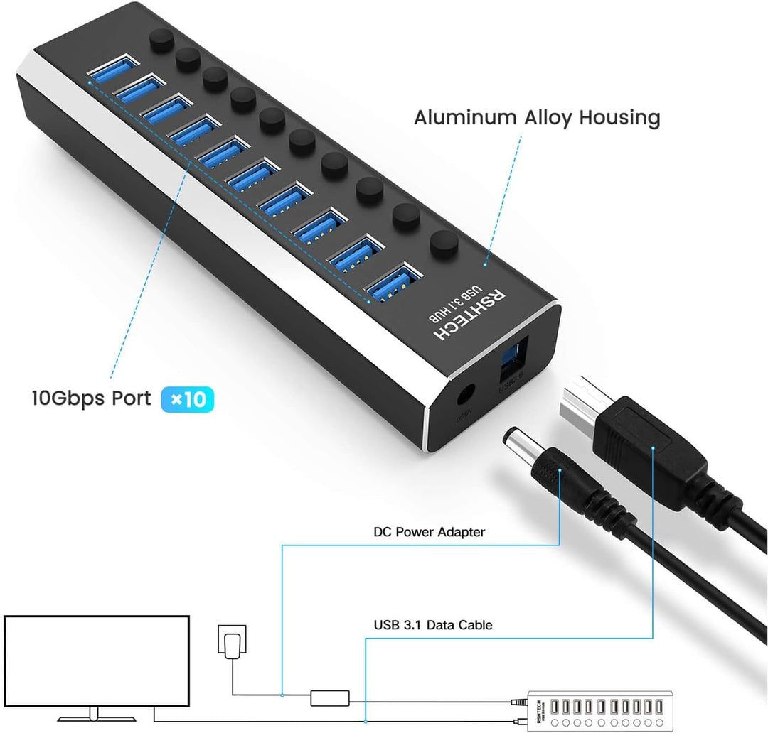 RSHTECH USB 3.1 Hub mit Netzteil 36W, mit 10*10Gbps USB 3.2-Port Aluminium USB Hub 3.2 Gen2 Aktiv mi
