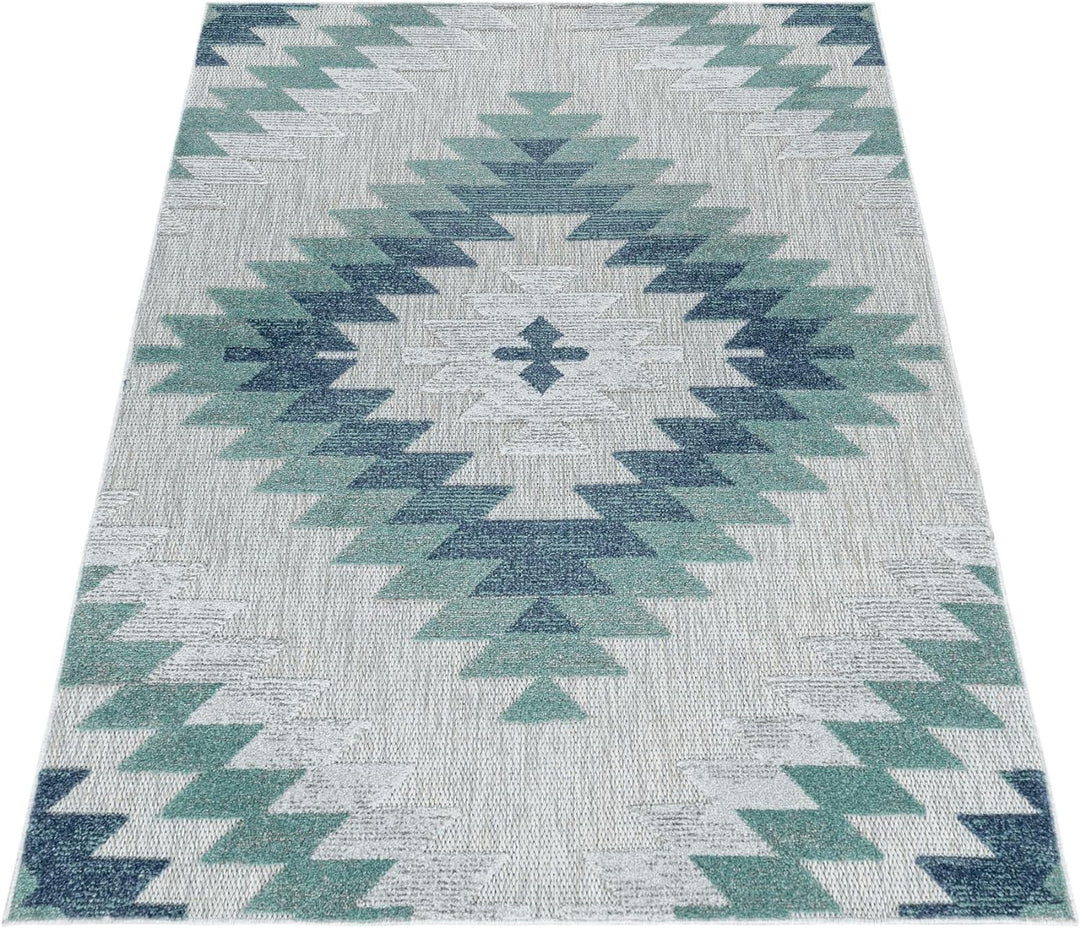 Carpetsale24 Outdoor Teppich Modern, Rauten Berber Muster 3D Optik, Rechteckig, Grau mit blauen Must